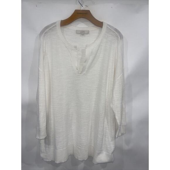 Loft Sweater Women L White Slub Cotton Blend V-Neck Pullover V Neck Tunic Beach - Picture 1 of 9